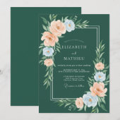フォレストグリーンのパステルフラワーの結婚式 招待状 (正面/裏面)