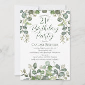 フォレストグリーンの種付きユーカリ 21歳の誕生日パーティー 招待状 (正面)