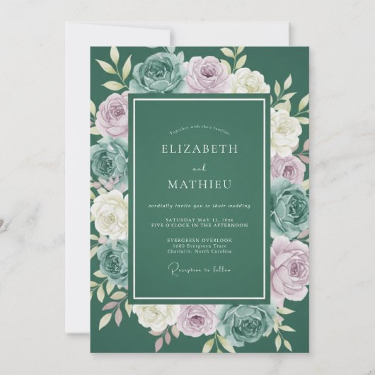 フォレストグリーンの絵画的な植物の結婚式 招待状 (正面)