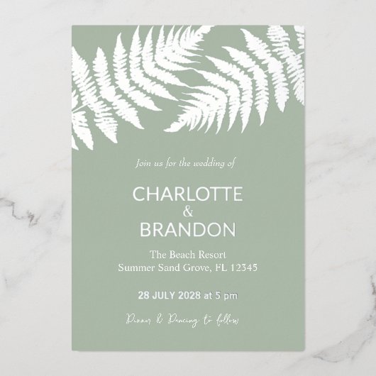 フォレストグリーンシダ結婚ズアウトドアズシルバー 箔招待状 (正面)