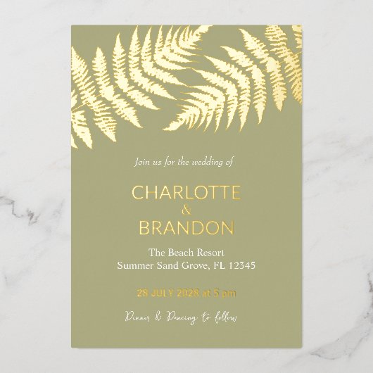 フォレストグリーンシダ結婚ズアウトドア金ゴールド 箔招待状 (正面)