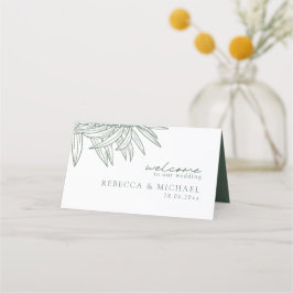 フォレストグリーンシンプル手描き植物折り畳み プレイスカード