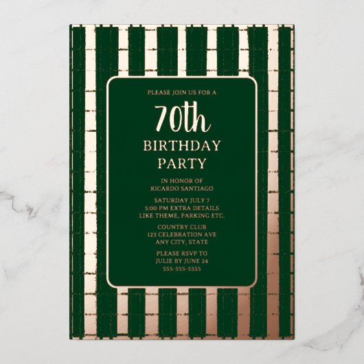 フォレストグリーンバラ金ゴールド70カスタム歳バースデーパーティー 箔招待状 (正面)