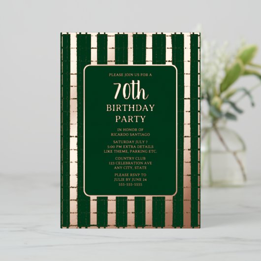 フォレストグリーンバラ金ゴールド70カスタム歳バースデーパーティー 箔招待状 (立ち正面)