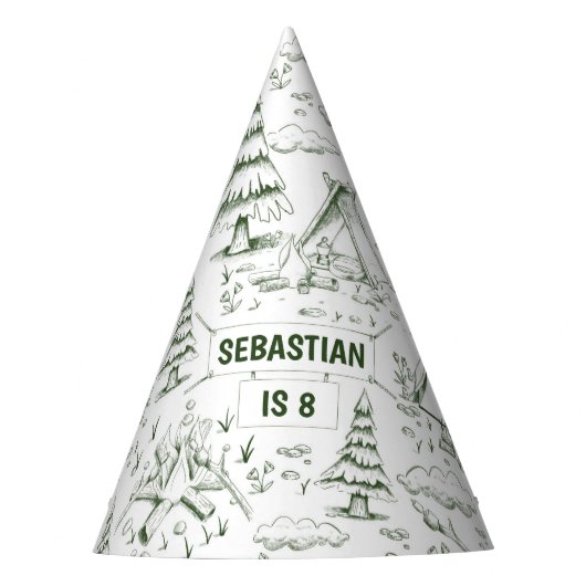 フォレストグリーンパインツリーズキャンプファイアーキャンプ誕生日 パーティーハット (正面)