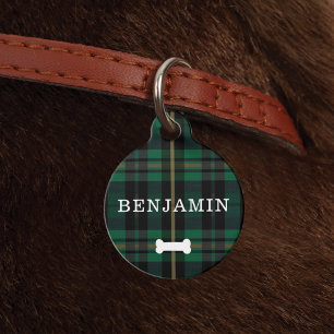 フォレストグリーンプレイドパターンドッグボーン&モノグラム ペット　ネームタグ