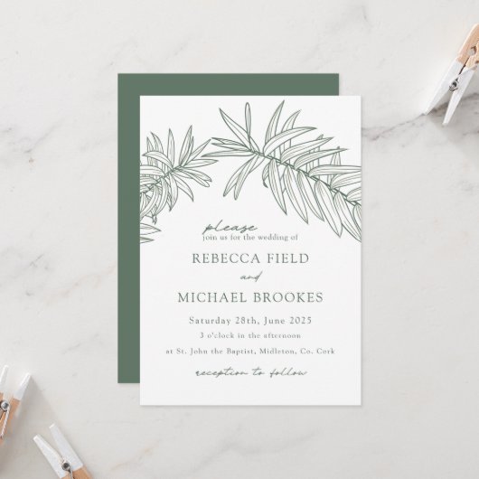 フォレストグリーンミニマリスト結婚ボタニズ 招待状 (正面/裏面インサイチュ)