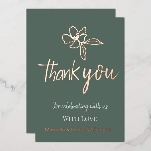 フォレストグリーンミニマルフローラ結婚の感謝 箔招待状 (正面/裏面)