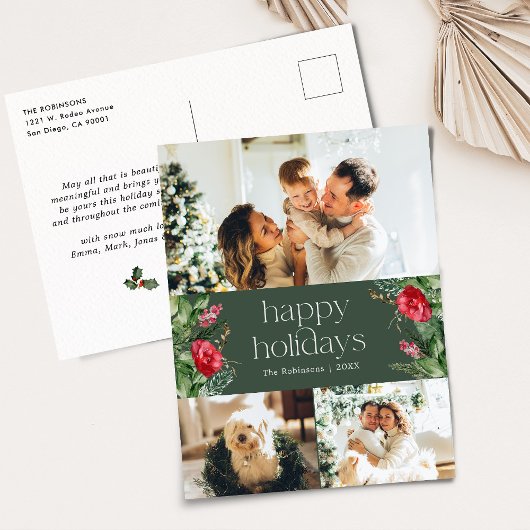 フォレストグリーンモダンボタニカル3フォトホリデー ポストカード