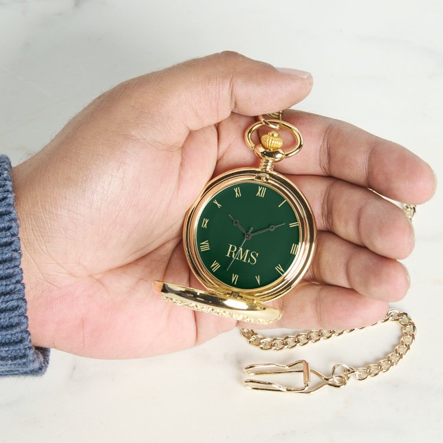 フォレストグリーンモノグラムの金ゴールドクラシックレトロポケット 腕時計 (Forest Green Gold Monogrammed Classic Retro Pocket Watch)