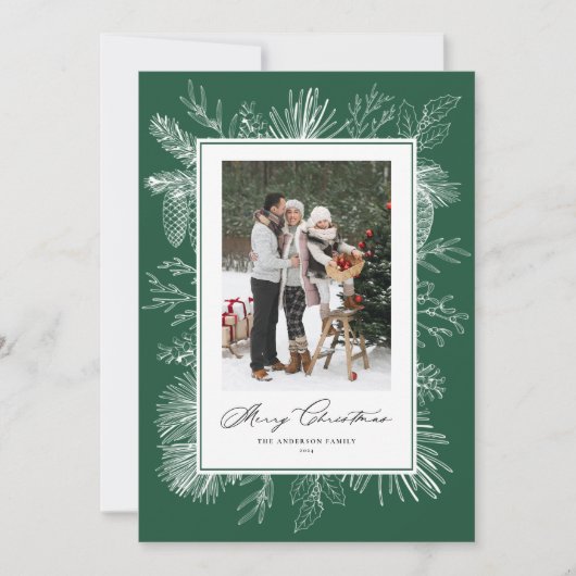 フォレストグリーンヴィンテージ植物性クリスマスフォト シーズンカード (正面)