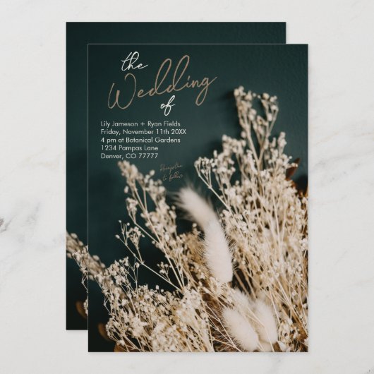 フォレストグリーン乾燥フローラ素朴ボホ結婚ズ 招待状 (正面/裏面)