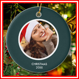 フォレストグリーン白モダンイニシャルモノグラム写真 セラミックオーナメント