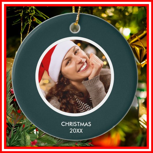 フォレストグリーン白モダンイニシャルモノグラム写真 セラミックオーナメント