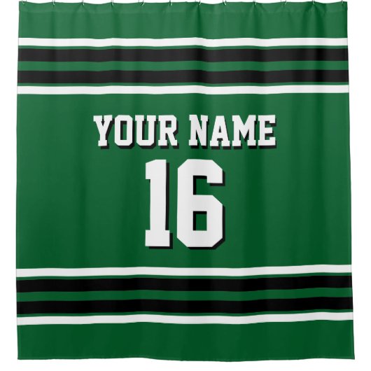 フォレストグリーン白黒ストライプズスポーツジャージー シャワーカーテン (正面)