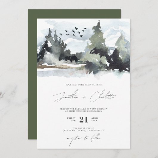 フォレストグリーン素朴マウンテン結婚式招待状 招待状 (正面/裏面)