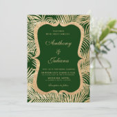フォレストグリーン金ゴールドグリッターヤシ結婚の葉 招待状 (スタンド正面)