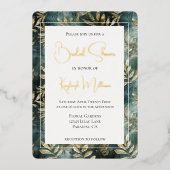 フォレストグリーン金ゴールドトロピカル離れブライダルシャワー 箔招待状 (正面)