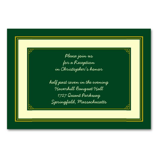 フォレストグリーン金ゴールドバー（ユダヤ教の）バル・ミツバー披露宴インサート テーブルナンバー (正面)