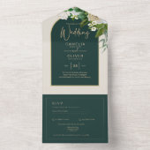フォレストグリーン金ゴールドホワイトローズウィンターウェディング オールインワン招待状 (内側)