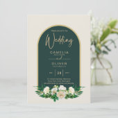 フォレストグリーン金ゴールドホワイトローズウィンターウェディング 招待状 (スタンド正面)