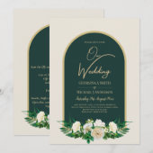 フォレストグリーン金ゴールドホワイトローズウィンターウェディング 招待状 (正面/裏面)