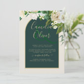 フォレストグリーン金ゴールドホワイトローズウィンターウェディング 招待状 (スタンド正面)