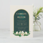 フォレストグリーン金ゴールドホワイトローズウィンターウェディング 招待状 (スタンド正面)