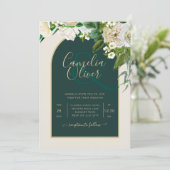フォレストグリーン金ゴールドホワイトローズウィンターウェディング 招待状 (スタンド正面)