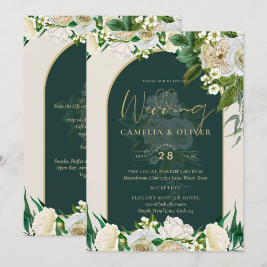 フォレストグリーン金ゴールドホワイトローズウィンターウェディング 招待状 (正面/裏面)