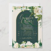 フォレストグリーン金ゴールドホワイトローズウィンターウェディング 招待状 (正面)