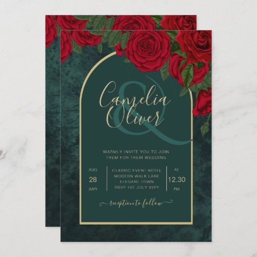 フォレストグリーン金ゴールドレッドローズウィンターウェディング 招待状 (正面/裏面)