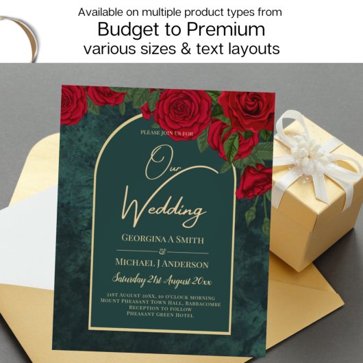 フォレストグリーン金ゴールドレッドローズウィンターウェディング 招待状