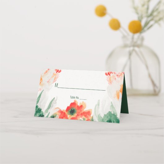 フォレストグリーン、オレンジ、ホワイトウォーターのカラーフローラ プレイスカード (正面)