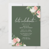 フォレストグリーン ブラッシュピンク | フラワーデザイン ガーデン 誕生日 招待状 (正面)