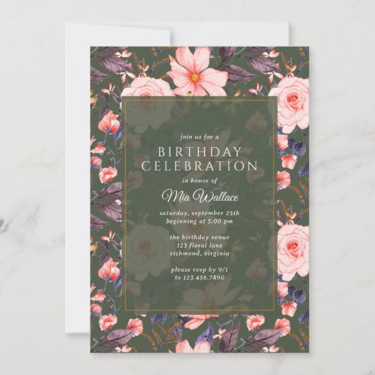 フォレストグリーン+赤面ピンクフローラ |ガーデン誕生日 招待状 (正面)