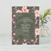 フォレストグリーン+赤面ピンクフローラ |ガーデン誕生日 招待状 (スタンド正面)