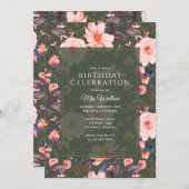 フォレストグリーン+赤面ピンクフローラ |ガーデン誕生日 招待状 (正面/裏面)