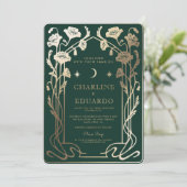 フォレストグリーン&金ゴールドアールヌーボー結婚フォト 招待状 (スタンド正面)