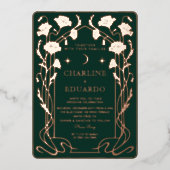 フォレストグリーン&金ゴールドアールヌーボー結婚式招待状 箔招待状 (正面)
