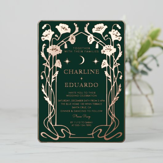 フォレストグリーン&金ゴールドアールヌーボー結婚式招待状 箔招待状 (立ち正面)