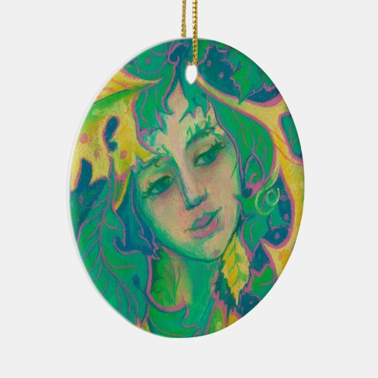 フォレストスピリット、シュールファンタジーポートレートグリーンフォーク セラミックオーナメント (右)