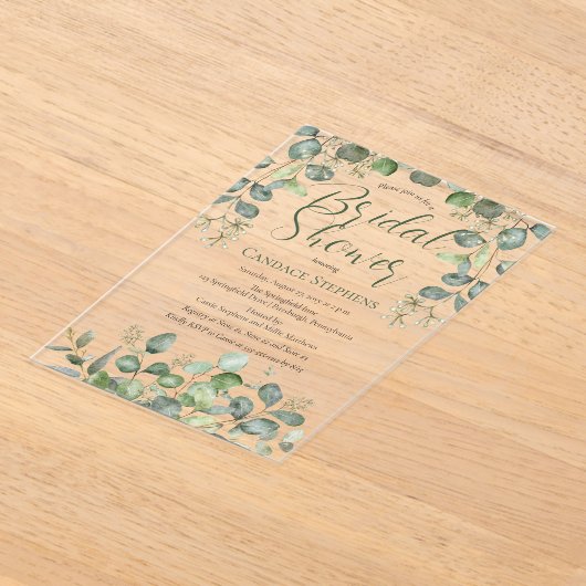 フォレストセージグリーンシードeucalyptusブライダルシャワー アクリル招待状 (レイダウン)