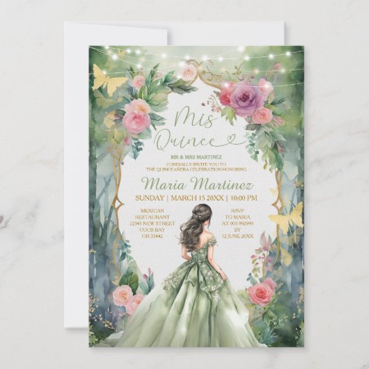 フォレストセージ緑のドレスピンクの花15 Mis Quince 招待状 (正面)