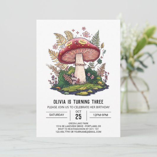フォレストデかわいらしジタルキノコ誕生日 招待状 (スタンド正面)