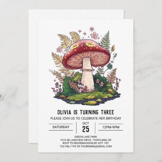 フォレストデかわいらしジタルキノコ誕生日 招待状 (正面/裏面)