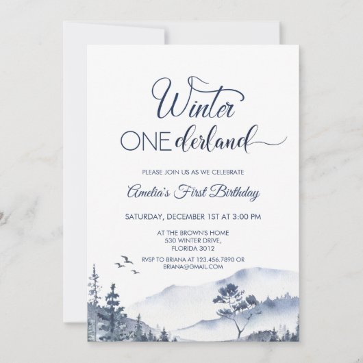 フォレストパインツリーズウィンターオネダーランド誕生日 招待状 (正面)