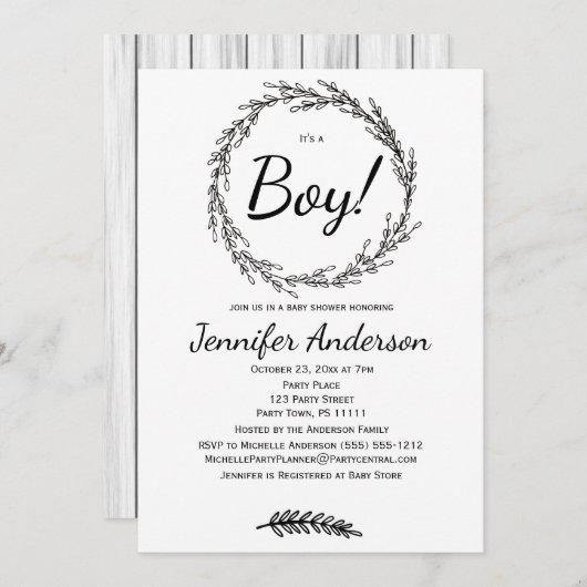 フォレストパイン素朴カントリー少年の赤ちゃんシャワー 招待状 (正面/裏面)