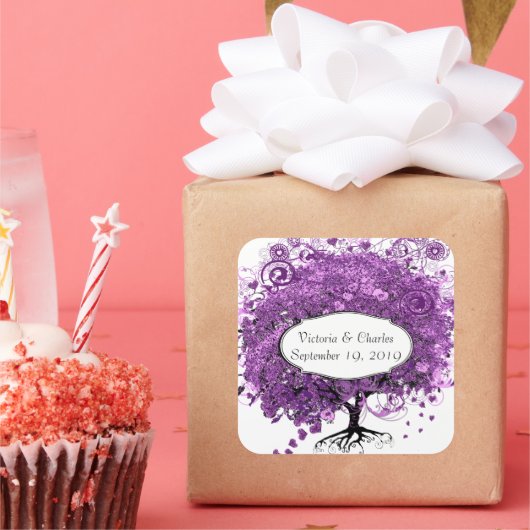 フォレストパープルハートリーフ結婚ツリー スクエアシール (パーティー)