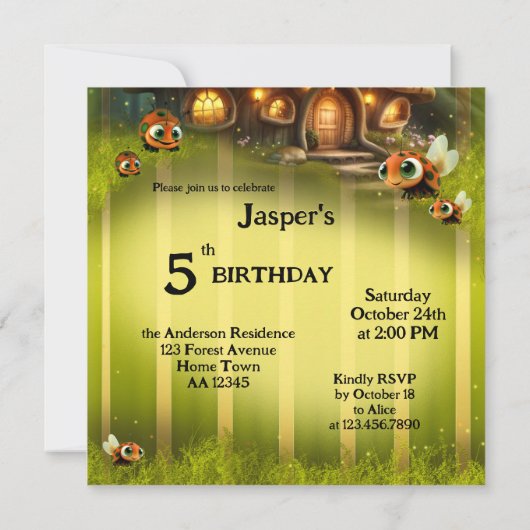 フォレストファンタジーおとぎ話チャイルド誕生日 招待状 (裏面)